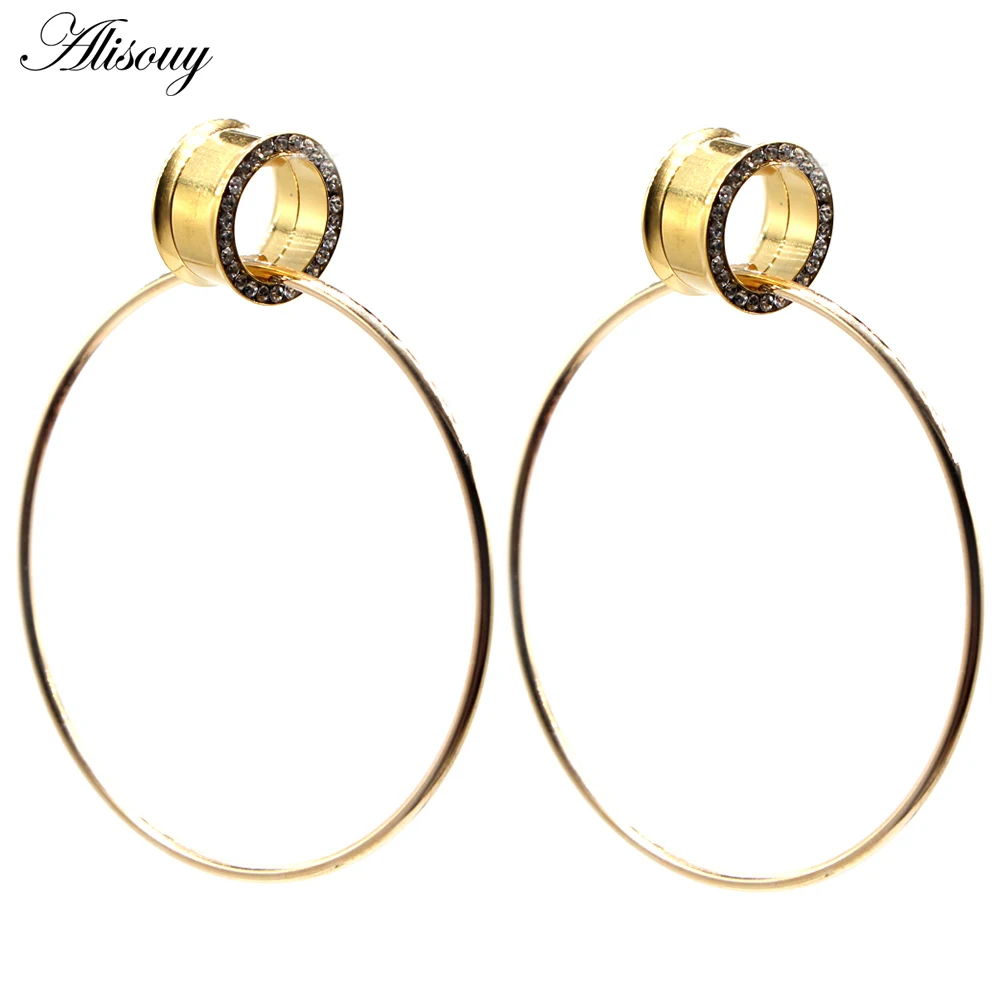Alisouy 2pcs Stainless Steel Crystal Circle Dangle Ear Plugs Tunnels Flare Flesh Fit Expansion Gauges Stretched Piercing Jewelry