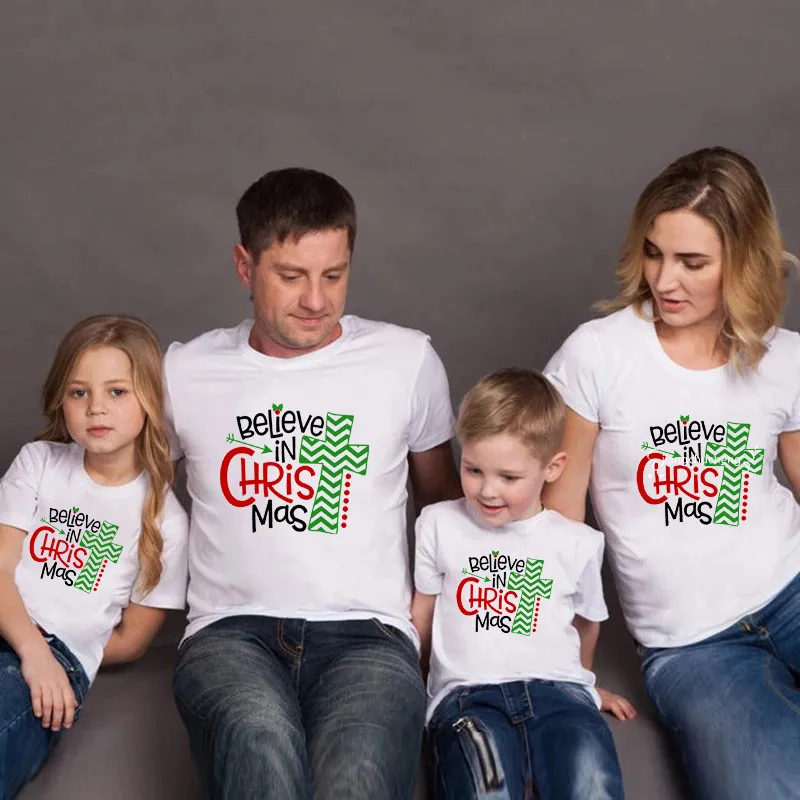 Funny Believe In Christmas Family Matching Clothes Daddy Mommy and Me Family Look Tshirts Cotton Mother Kids Shirt Baby Outfits