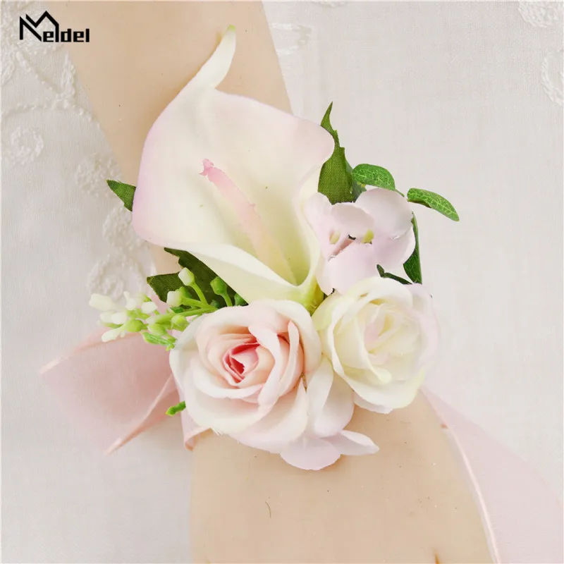 Melda, bracelete de noiva, pulseira para menina, noivo, boutique, seda artificial, rosa, calla, lírio de flor para homens, festa de casamento, decoração de flores