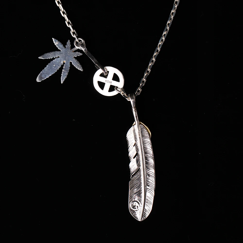 Takahashi Goros Jewelry 925 Sterling Silver Pendant Necklaces Feather Charm Thai Silver Maple Leaf Chain For Men And Women