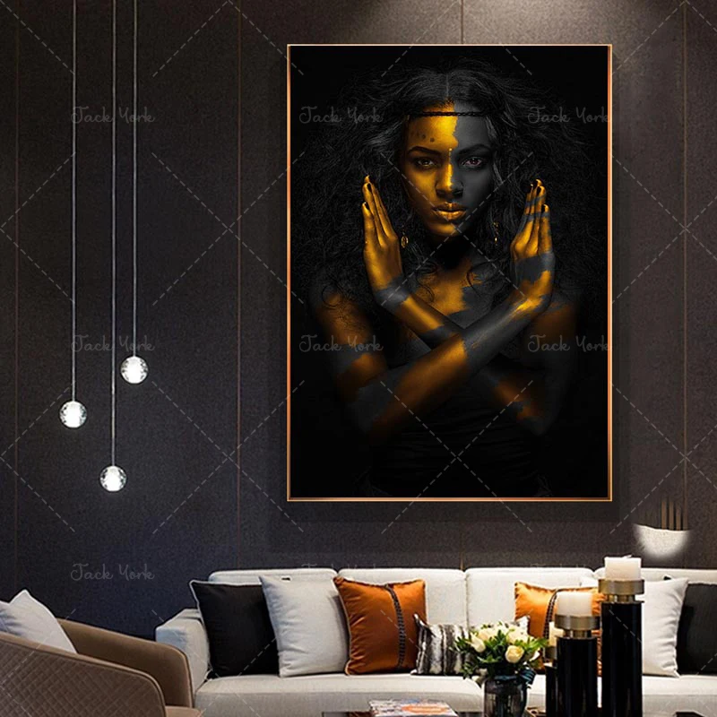 

Gold Black Woman Canvas Painting African Art Woman Posters Modern Paintings for Living Room Wall Pictures Home Decoration Cuadro