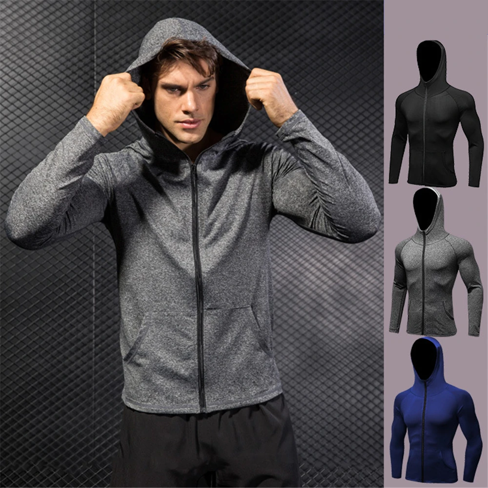 Long Sleeve Hoodies for Men Running Jackets Fitness T-shirts Quick Dry Gym Clothing Tops Sportswear Rashguard Jersey with Zipper