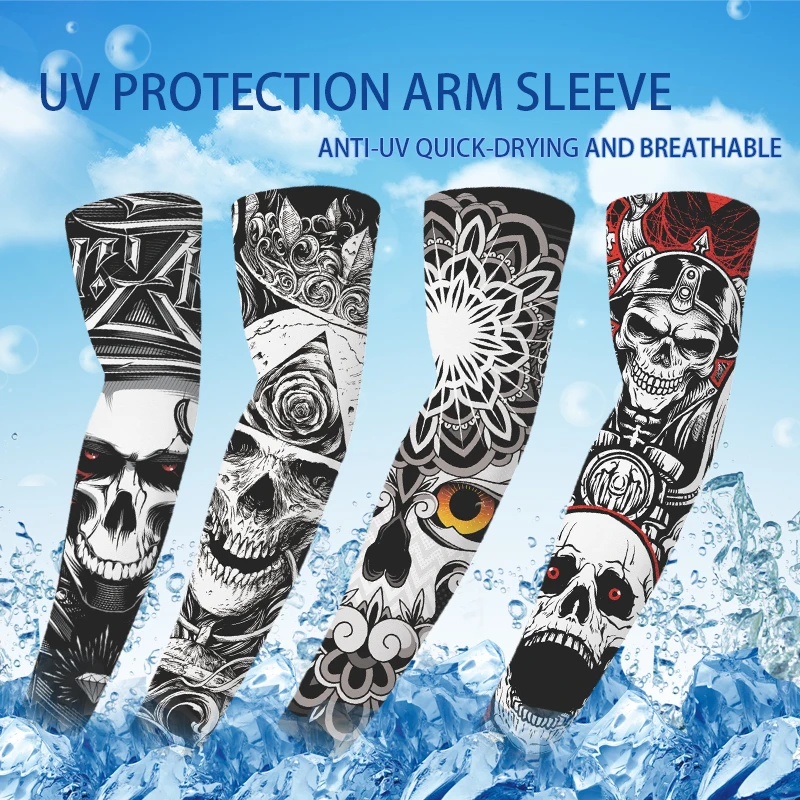 1pair 3D Skull Tattoo Printed Outdoor Cycling Sleeves Breathable Quick Dry UV Protection Running Arm Sleeves Sports Arm Warmers