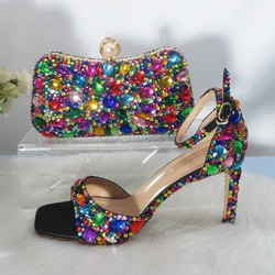 BaoYaFang Multicolored Crystal Women wedding shoes with matching bags bridal High heels Summer shoes green blue Shoe and Bag Set