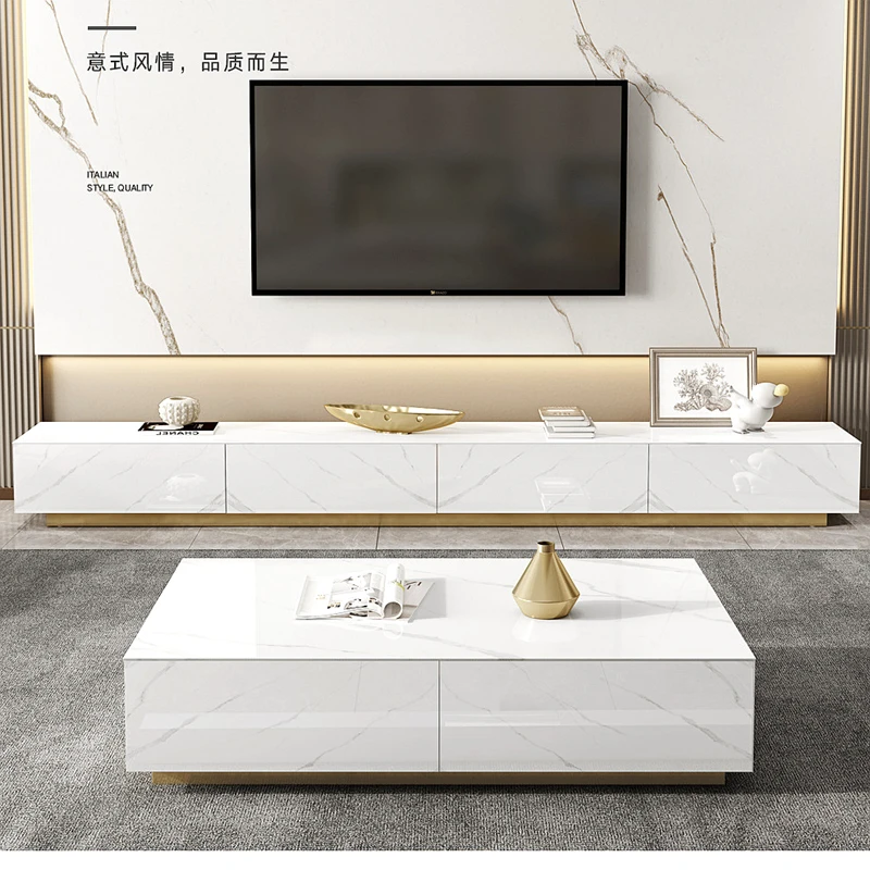 Italian White Glossy Surface Marble Rock Tea Table TV Cabinet Modern Simple Living Room Household Storage Cabinet Large Tables