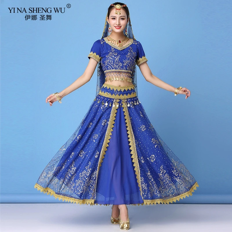 New Sexy Women India Belly Dance Costumes Set Sari Outfit Bollywood Egypt Belly Dance Stage Performance Chiffon Sequin Top Skirt