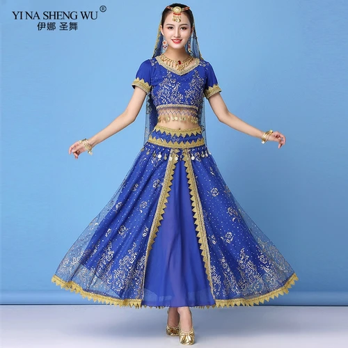 Imagen 2 del producto Conjunto de trajes de danza del vientre de la India para mujer, traje de Sari, Bollywood, Egipto, actuación en escenario, gasa, falda superior de lentejuelas, nuevo