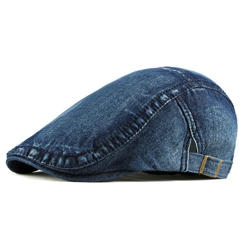 

LTOW Simple Washed Denim Berets Hat Men Women Spring Summer Peaked Flat Cap Artist Duckbill Hat Casual Herringbone Newsboy Cap