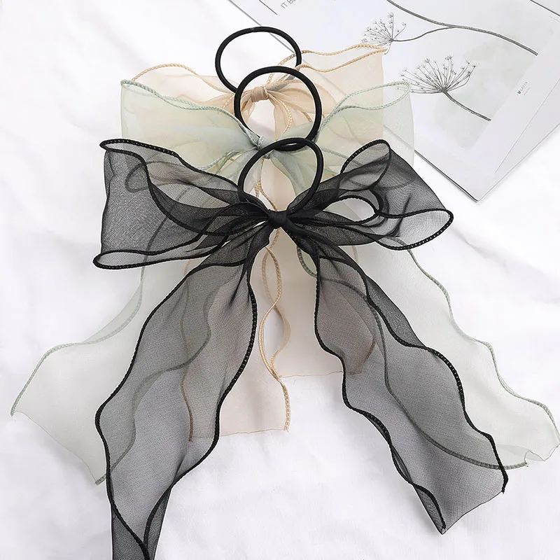 Sweet Big Bow Organza Streamers Hair Scrunchies Soft Ponytail Elastic Hair Ties Rope Girls Hair Accessories Women Ribbon Bands