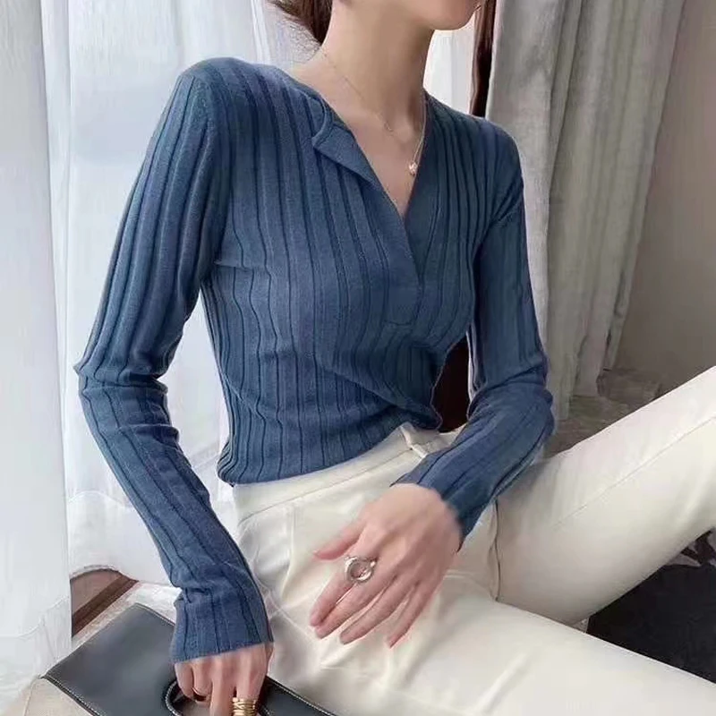 Women Pullover sweater long sleeve V-neck Soft Wool Cashmere Blending female Solid Pull sweater Top Bottom Slim Jumper