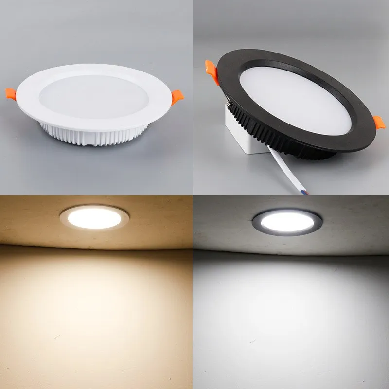 Led recesso downlights 3 w 5 7 9 12 15 18 21 24 30 36 redonda para baixo lâmpadas holofotes interior iluminação do painel de teto ac220v