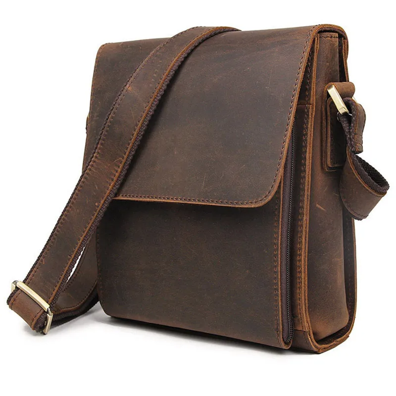 Vintage Flap Crazy Horse Leather Messenger Bag for Men Genuine Leather Crossbody Bag High Quality Travel Handbag Totes for Phone