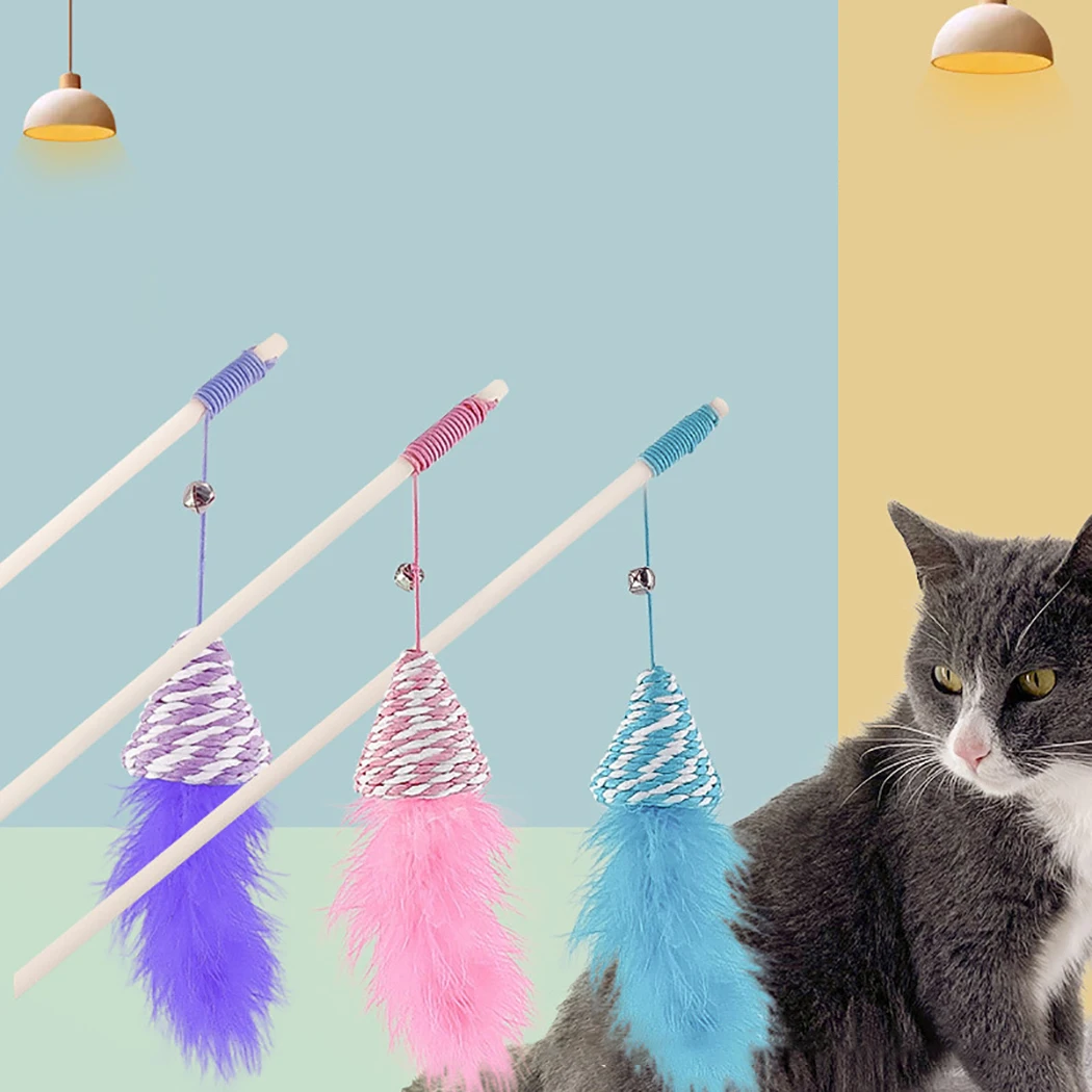 Funny 1Pcs Interactive Cat Wand Fun Fake Feather Wooden Pole With Bell Kitten Teaser Pet Teaser Toy Cat Playing Porcelain Toy