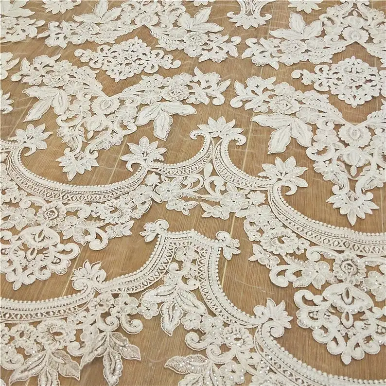 Off White Antique Cotton Thread Embroidery Lace Fabric Tulle Floral Sequins Dress Wedding Veil 51