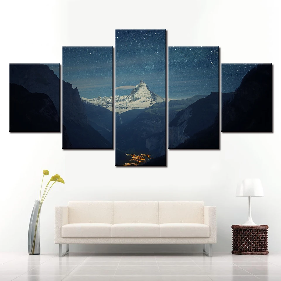 Canvas Painting HD Matterhorn Valley station landscape 5 Piece Modular nature Wall Art Pictures for Living Room Home Decor
