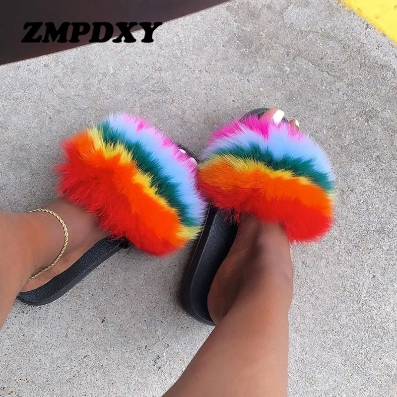 Fashion Fluffy Candy Fox Fur Slides Women Real Fur Slippers Flat Outdoor Beach Luxury Sandals Plush Furry Raccoon Flip Flops