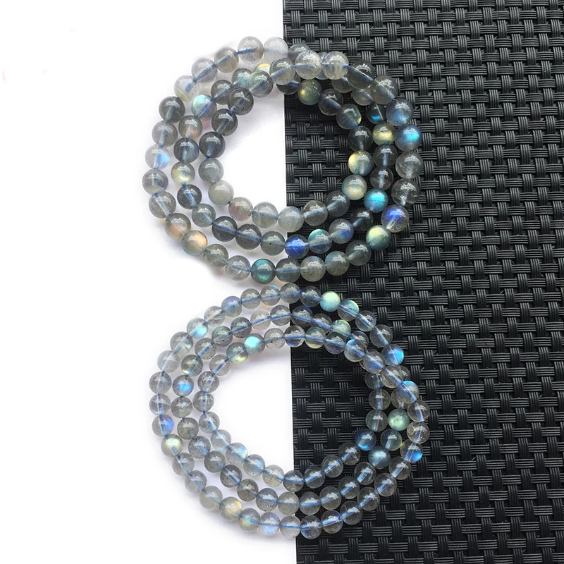 Three Lips  A+ natural shiny labradorite 6-8mm smooth loose beads stretch bracelets