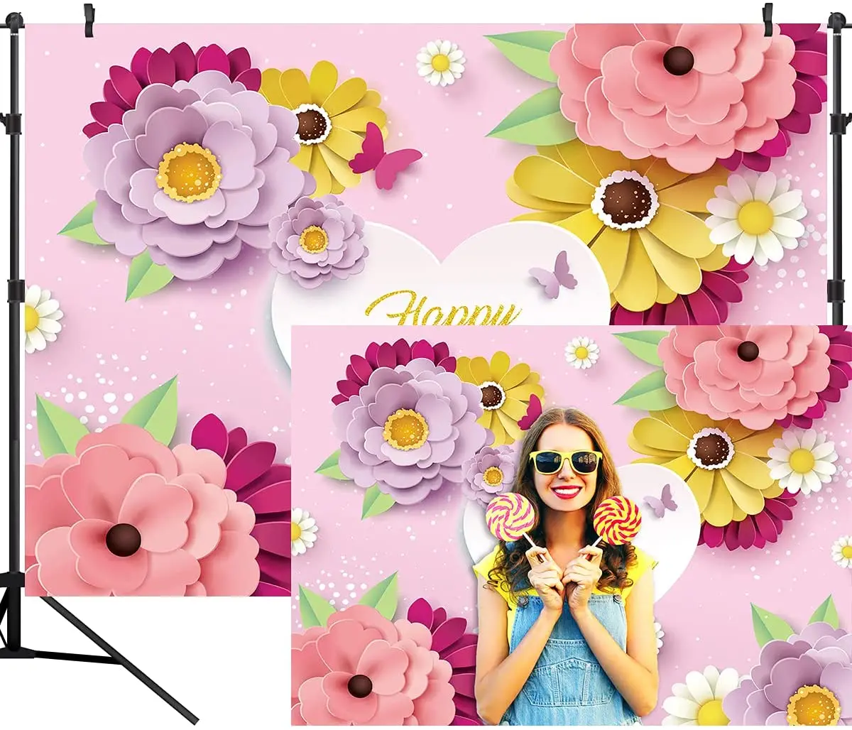 Happy Birthday Theme Backdrop Pink Flowers Love Heart Photography Background Baby Shower Photo Decorations Birthday Party Banner