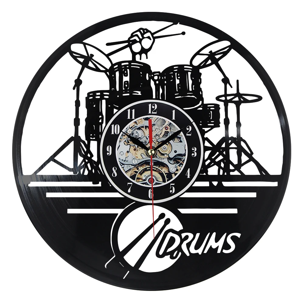 Vinyl Record Wall Clock Modern Design Guitar Drums Set Wall Clocks Quartz Mechanism Creative LED Backlight Watch Home Decorative