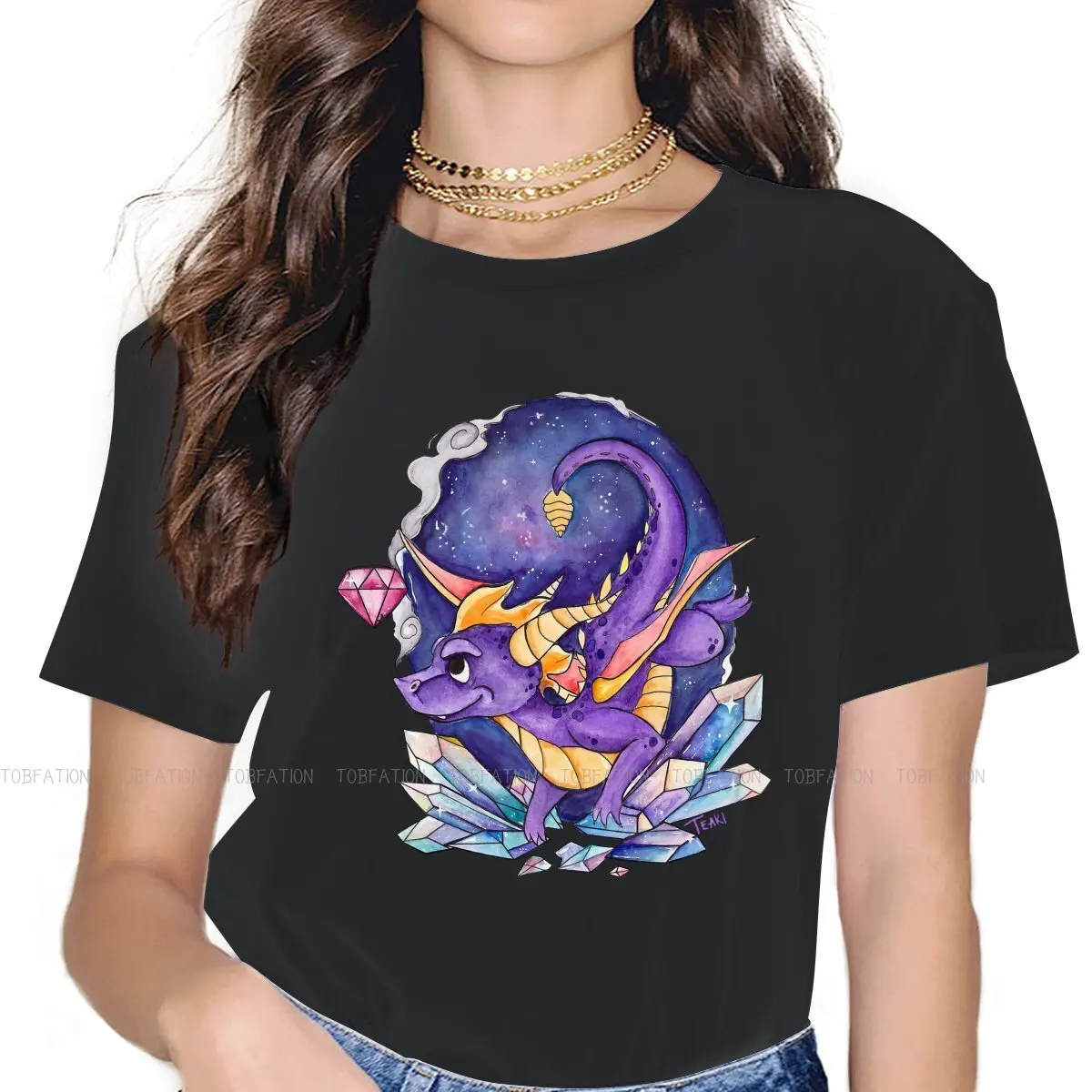 Night Crystals Women Tshirts Spyro the Dragon Game Aesthetic Vintage Female Clothing Large Cotton Graphic Short Sleeve