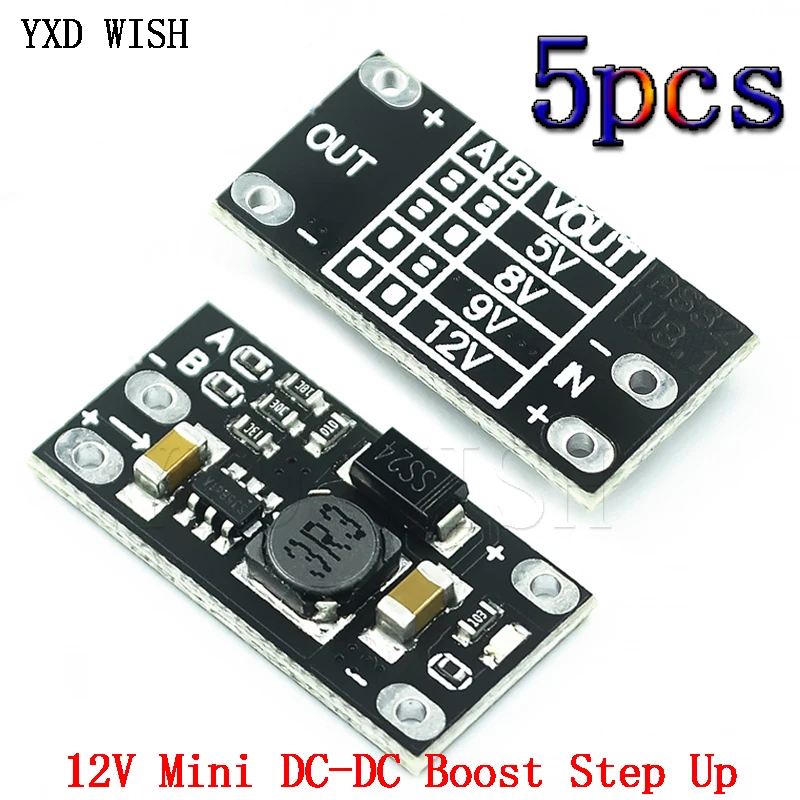 5szt Mini DC-DC Boost Step Up Converter 3V 3.2V 3.3V 3.7V 5V 9V do 12V Regulator napięcia Moduł płytki PCB może ustawić 5V/8V/9V 12V