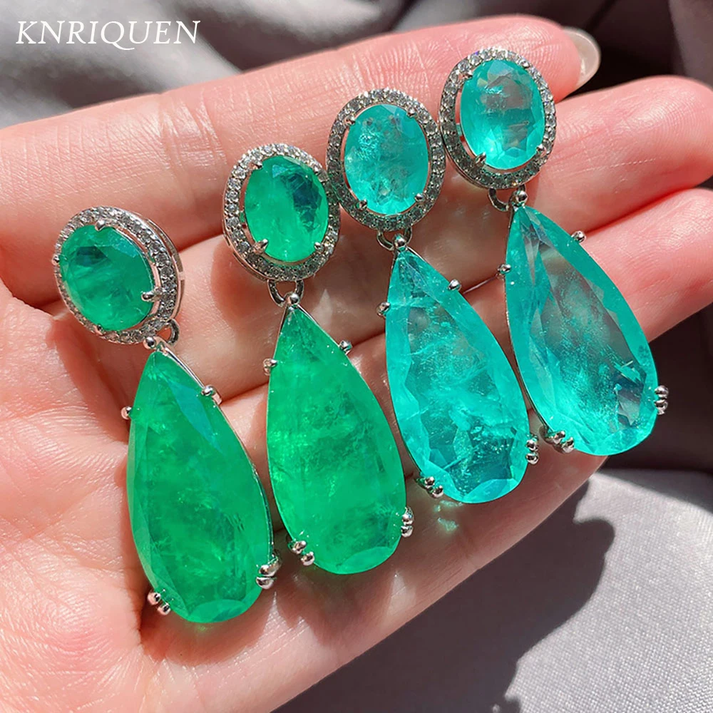 New Arrival Charms spadek duże kolczyki dla kobiet w stylu Vintage paraíba turmalin szmaragd kamień ślubne biżuteria wysokiej jakości kolczyki prezent