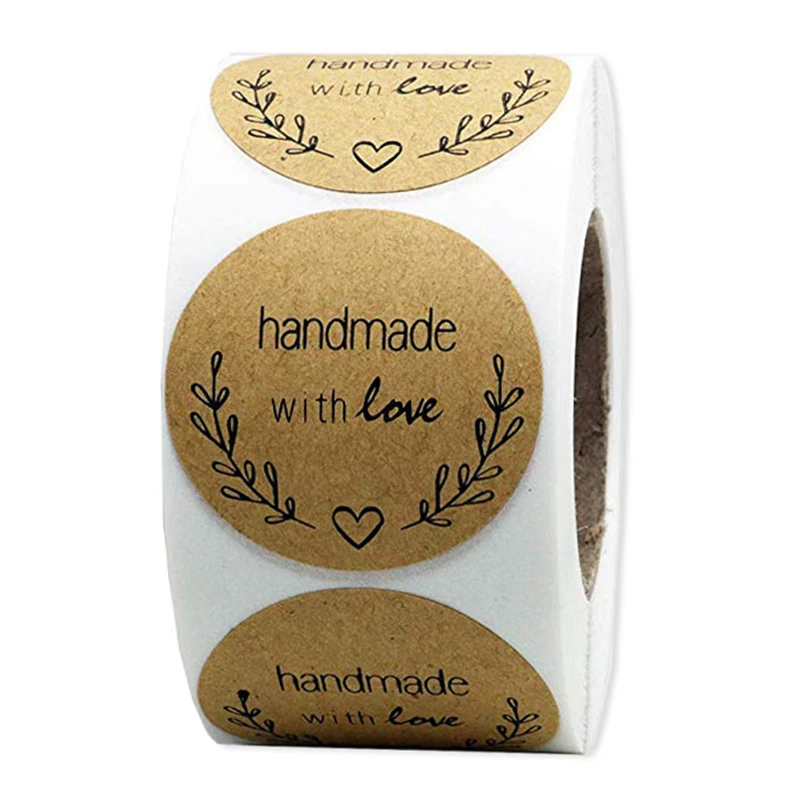 500 Pcs/Roll Stickers Round Kraft Olive Branch Handmade with Love Stickers for Wedding Home Decoration Accessories DIY Stickers