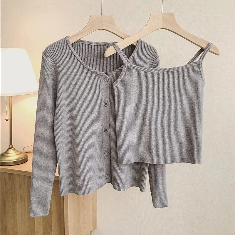 Casual Sling Camisole Knitted Cardigan Jacket Women Korean Fashion Basic Vest+long Sleeve Top Solid 2 Piece Set Sweater Oversize