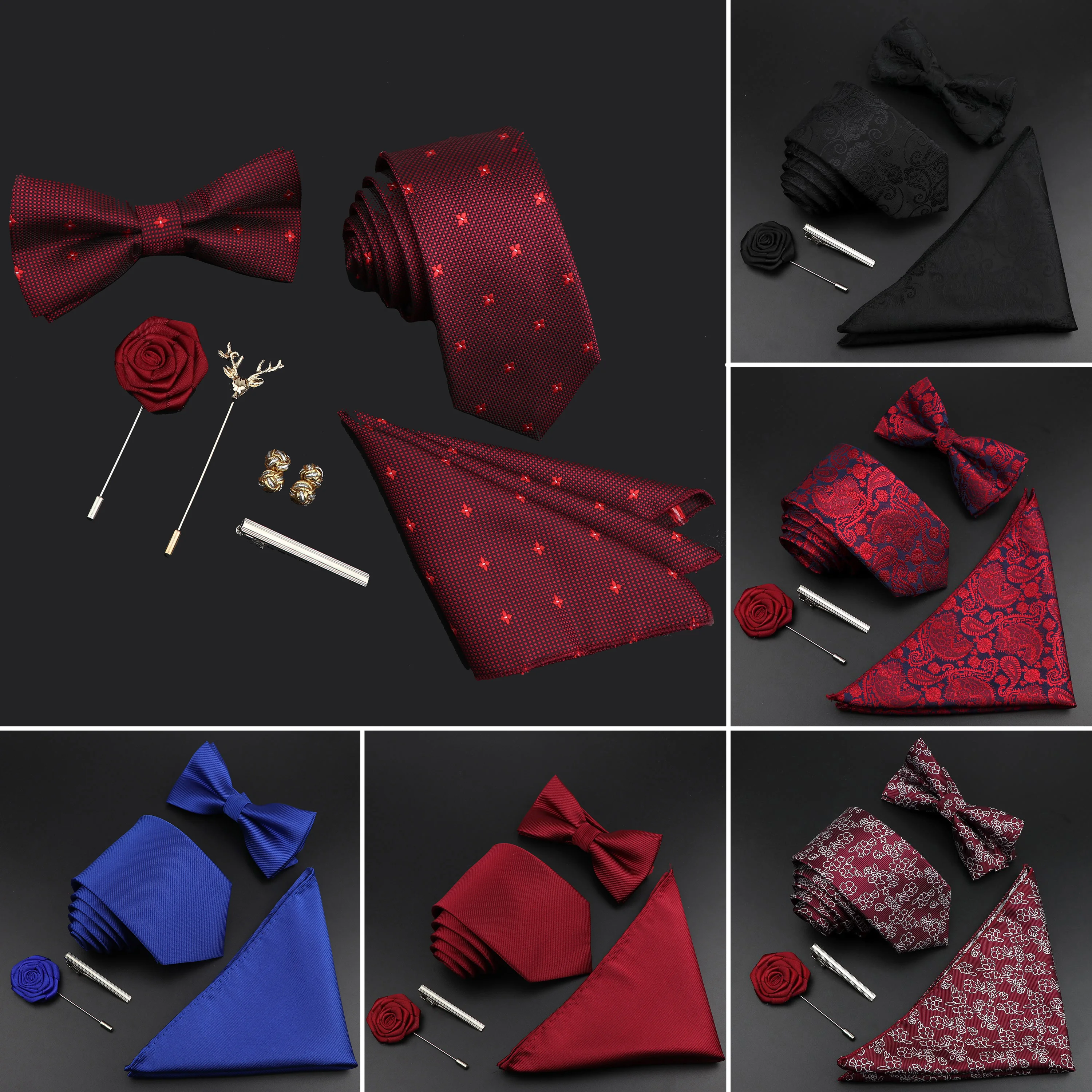 Conjunto de corbata de seda de Color sólido para hombre, corbata de poliéster tejido Jacquard, traje de pajarita Vintage rojo y azul para novio,