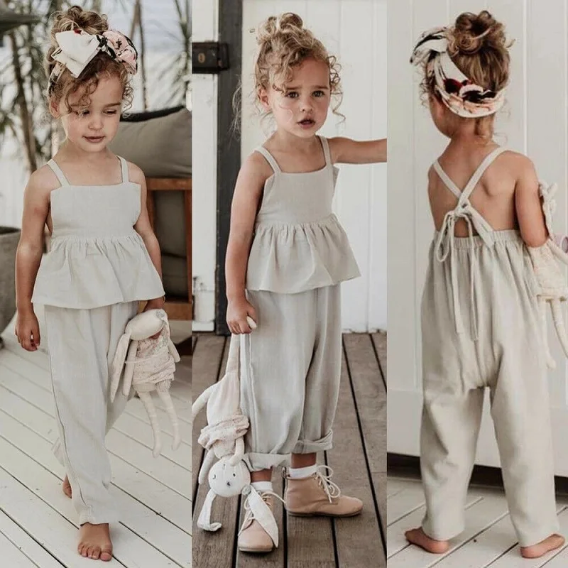 Kids Baby Girls Clothes set Sleeveless Backless Romper T shirt Overalls Jumpsuit Wide Leg Pants Trousers Outfits