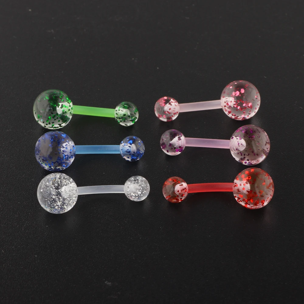 JUNLOWPY 14g Flexible Bioplast Acrylic Belly Button Rings Ear Piercing Glitter Navel Barbell Tragus Earrings Body Jewelry 1/6pcs