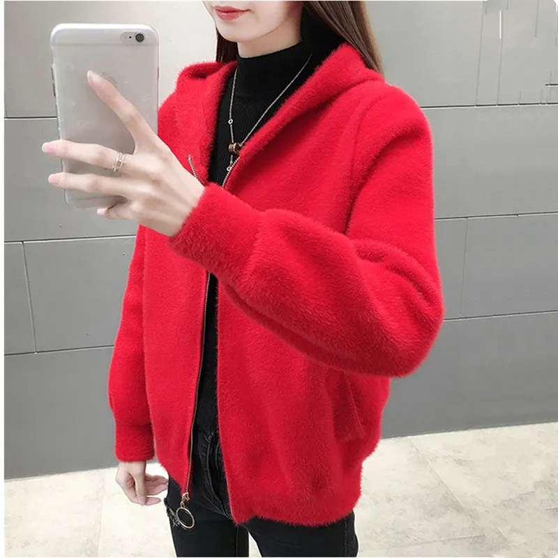 UHYTGF Imitation Mink Short Sweaters Jacket Women Hooded Casual Knit Autumn Winter Coat Cardigan Female Loose Big Size Top 1923