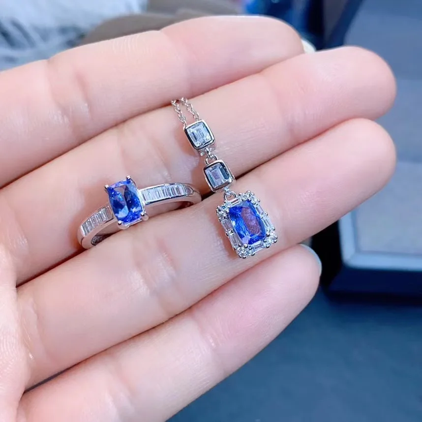 

The Best GiftFor your girl Friend Tanzanite jewelry set Natural Real Tanzanite 925 sterling silver 1pc pendant,1pc ring
