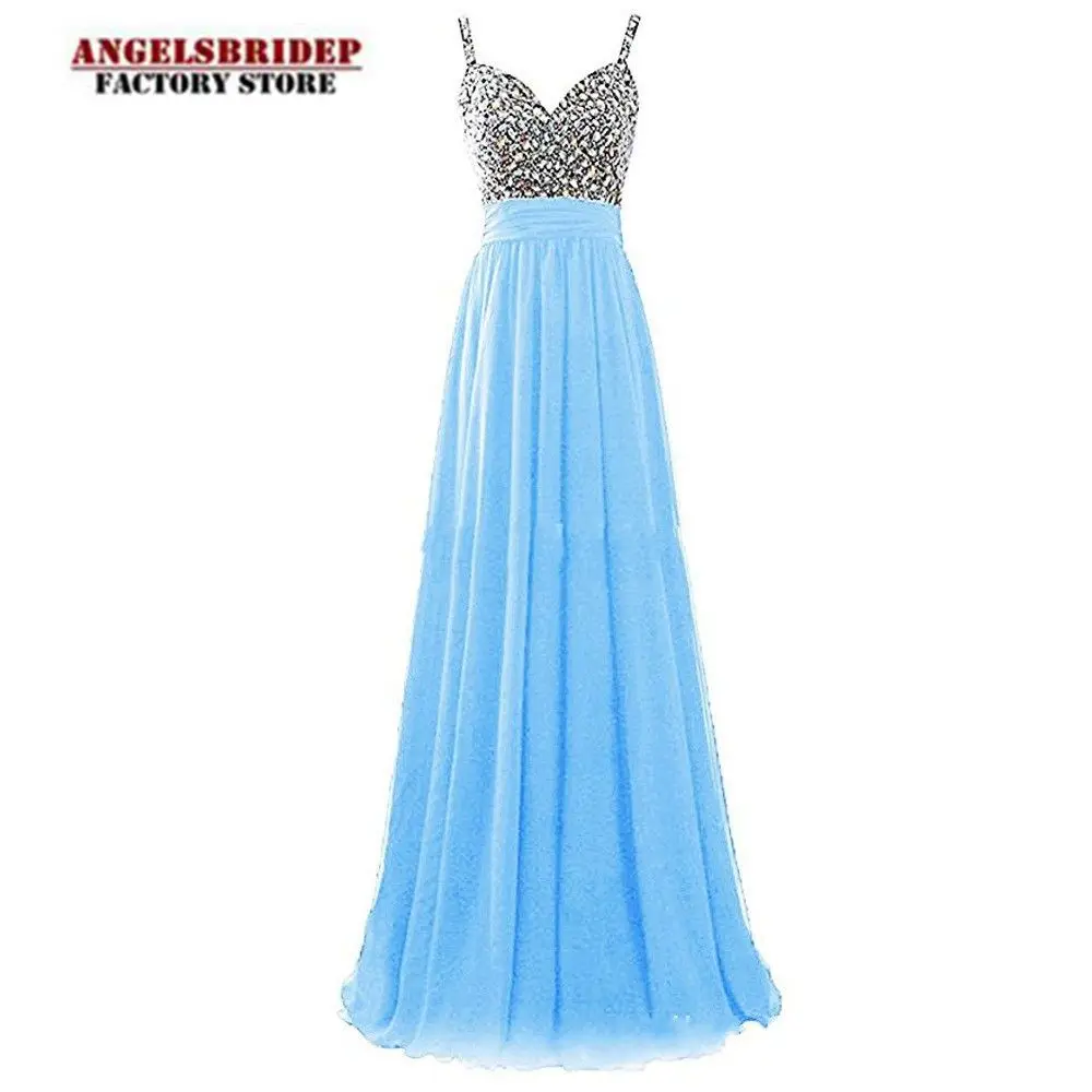 Angelsbridep Spaghetti Straps Long Chiffon Evening Dresses Sweetheart Crystal Vestidos De Noche Formal Party Gowns Abiti Da Sera