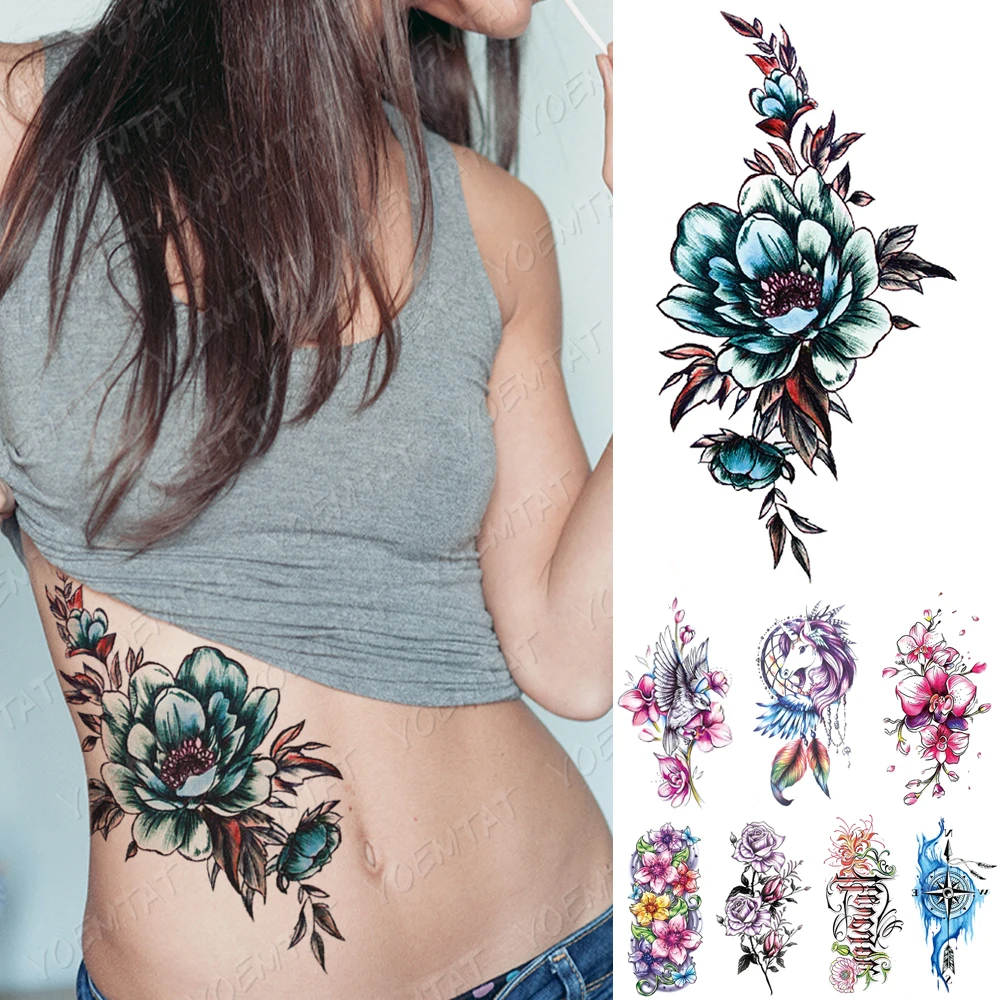 

Waterproof Temporary Tattoo Sticker Blue Rose Unicorn Flash Tattoos Flowers Bird Lotus Body Art Arm Fake Sleeve Tatoo Women