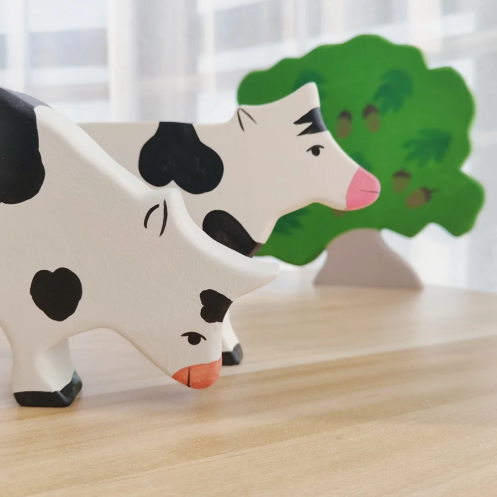 Cow Wooden Natural Montessori Handmade Figure Large Animals Handcarft Toys For Kids Animals Cognition Early Educational Toy