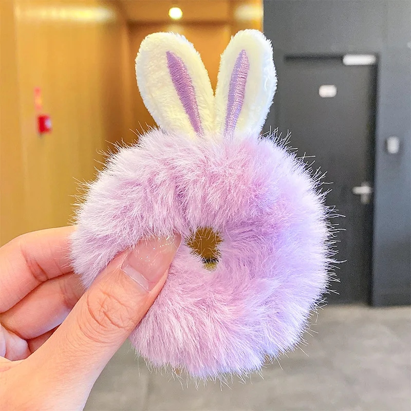 Candy Color Rabbit Fur Rabbit Ears Elastic Hair Bands Plush Scrunchies For Girls Women Cute Fluffy Headwear For Hair Accessories