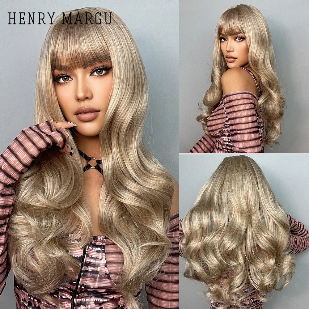 HENRY MARGU Long Blonde Wavy Synthetic Wigs With Bangs Fashion Wig Heat Resistant Cosplay Party Wigs Natural Wigs Hair for Women