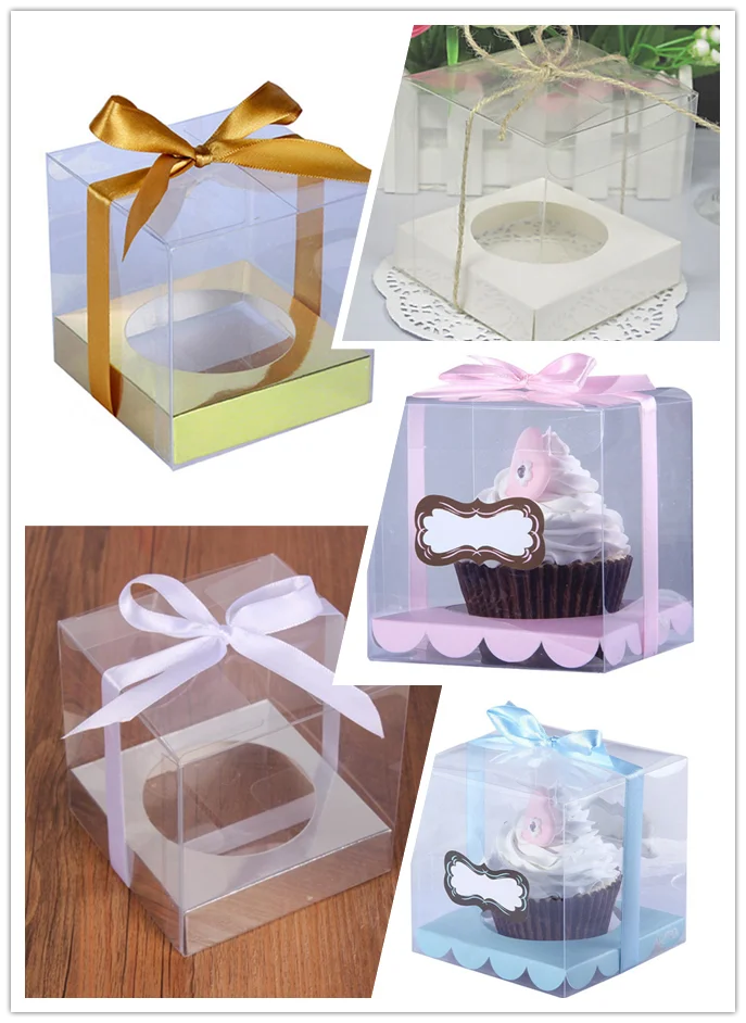 

9*9*9cm 5 Colours PVC Transparent Cupcake Boxes Wedding Gift Box With Base Inside Cake Box 100pcs/lot Free shipping