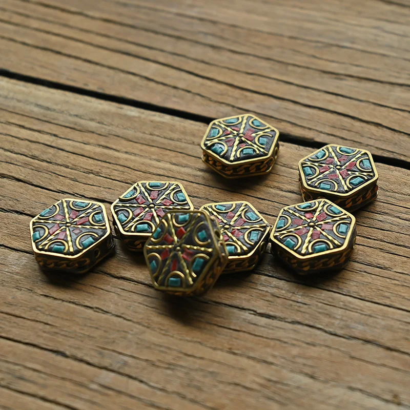 TZ-B Handmade Nepalese Buddhist Tibetan Brass Metal & Clay Loose Craft Beads for Necklace Jewelry Making DIY Hexagon Beads