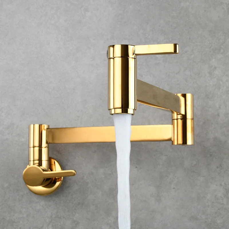 Pot Filler Tap Wall Mounted Foldable Kitchen Faucet Single Cold Single Hole Sink Tap Rotate Folding Spout Brushed Gold Brass