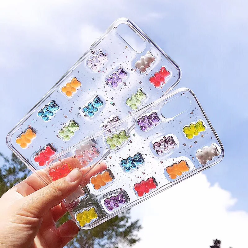 Cute 3D Stereo Candy Gummy Bear Glitter Phone Case For iPhone 15 14 13 12 11Pro Max X XS Max XR 11 13 Promax 14 15 Plus Cover
