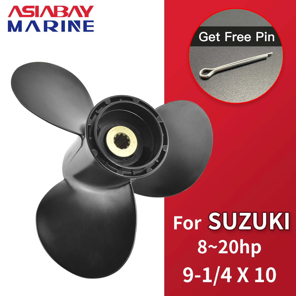 Outboard Propeller 9 1/4x10 58100-93733-019 for Suzuki 8 9.9 15 20 HP Motor, Aluminum Alloy Screw, 3 Blade, 10 Spline, Marine