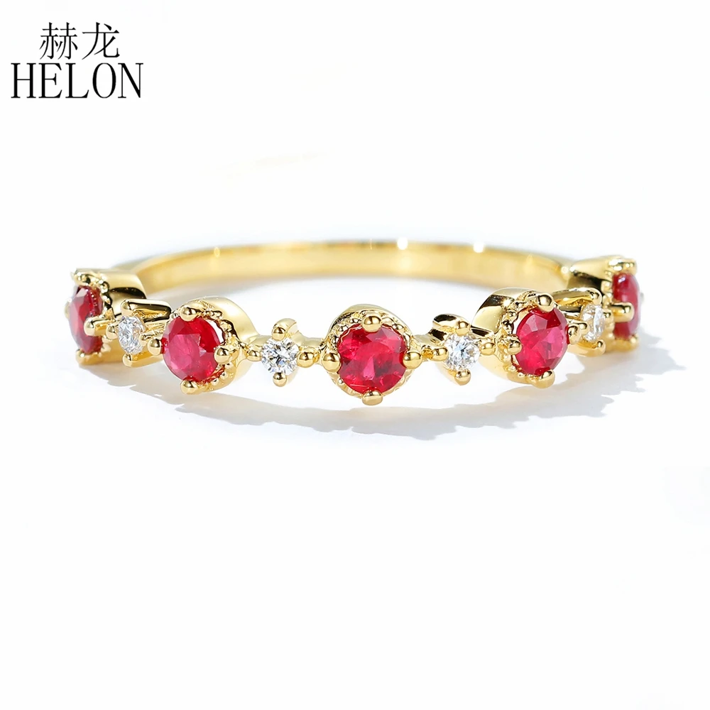 

HELON Solid 10k 14k Yellow Gold AU585 0.5ct Round Genuine Ruby Diamoinds Women Engagement Trendy Fine Jewelry Diamond Ring