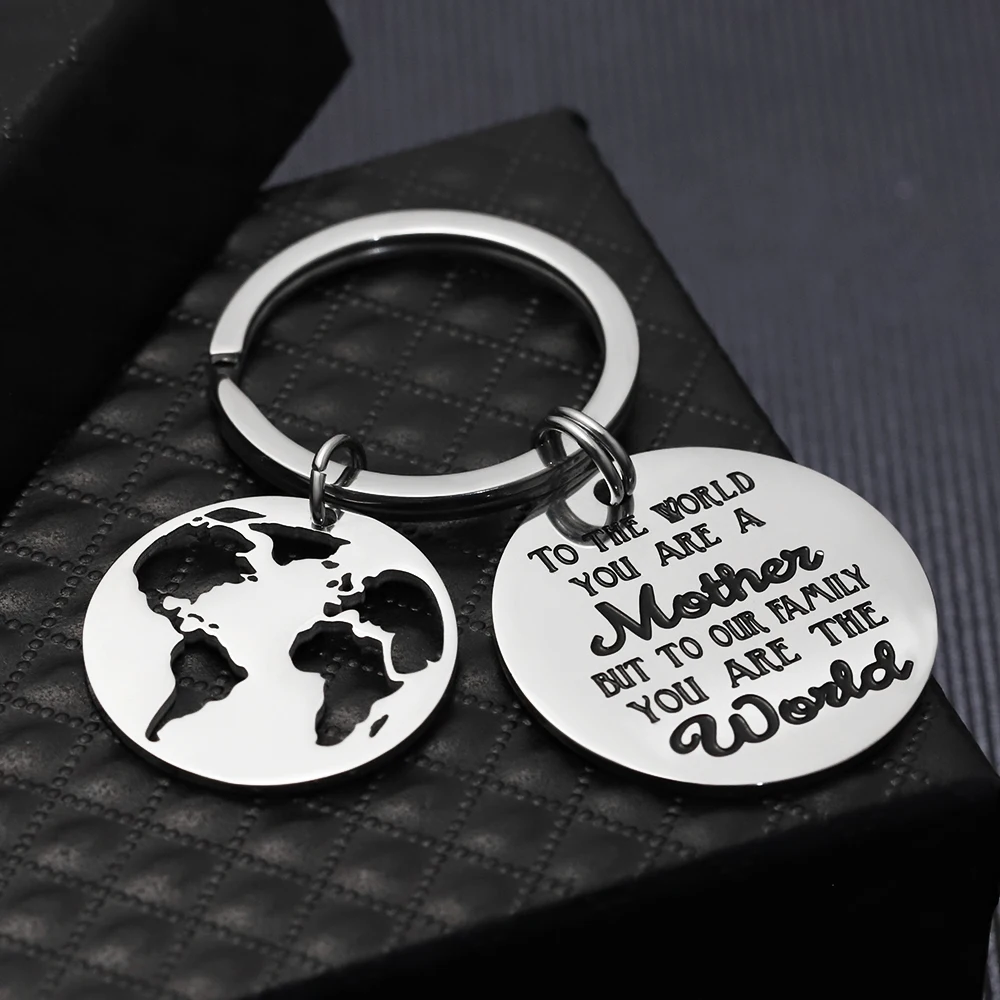 MYLONGINGCHARM  Personalize Mother Day Gifts Stainless Steel Keychain Map Keychain - To our family you are the world