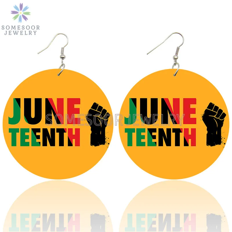 SOMESOOR Juneteenth Freedom Day Printed African Wooden Drop Earrings Black Power Fist Loops Dangle Jewelry For Women Gifts