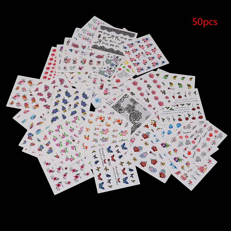 new 50pcs Water Transfer Tattoo Flower Butterfly Manicure Adhesive Tip Decoration Watermark Slider Nail Stickers Decal