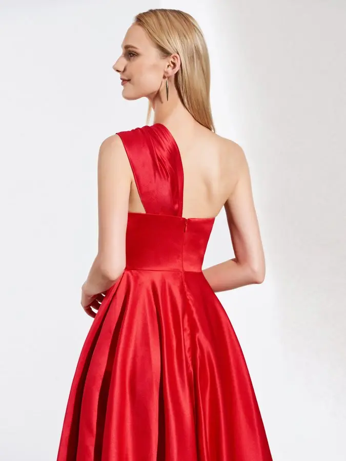 2025 elegante A-Line plisado un hombro satén vestido de noche rojo con lazo hasta el suelo vestidos formales de graduación vestidos de fiesta