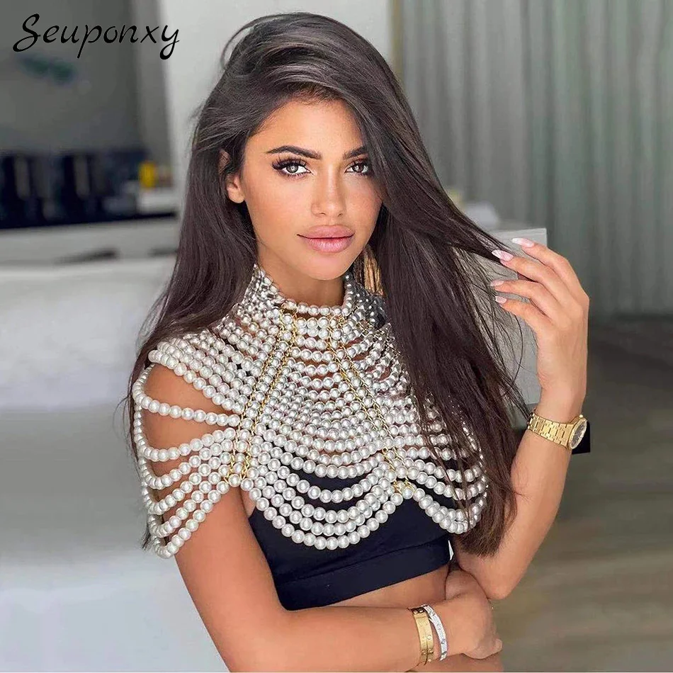 Women's White O-Neck Pearl Shawl Elegant Shawl Sexy Top Handmade Top Celebrity Party Club High Quality New Fashion 2022 New