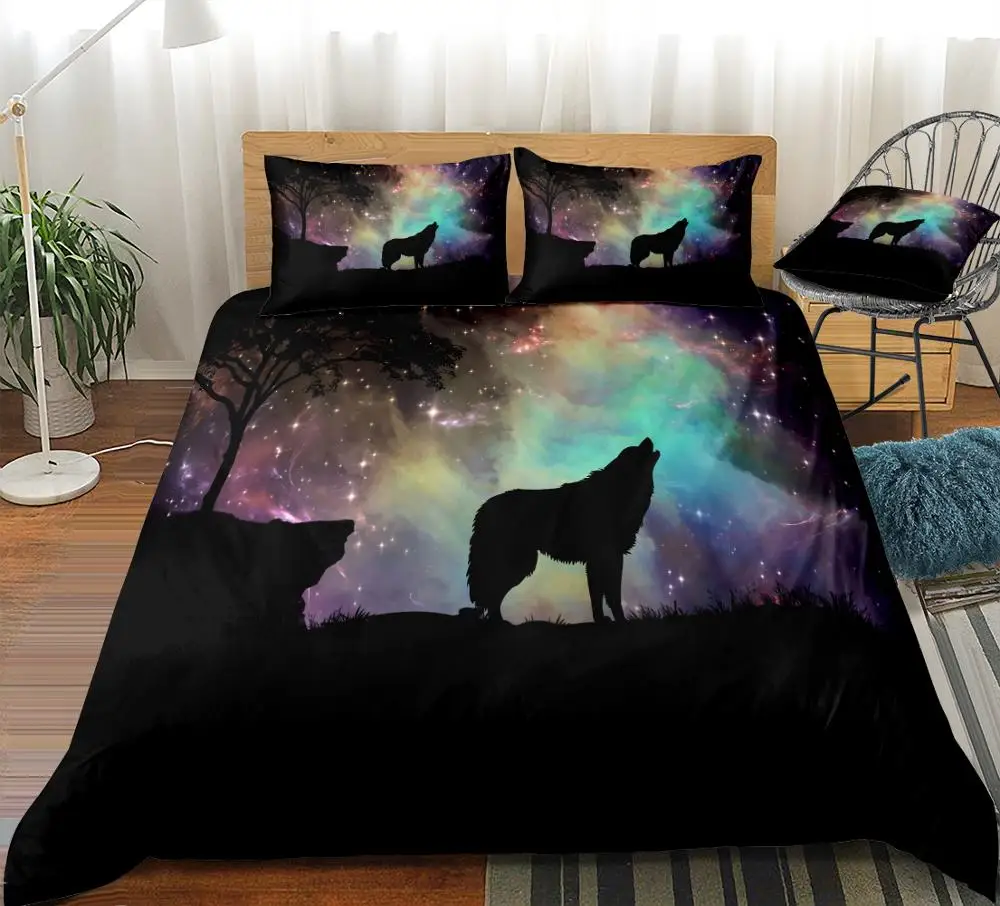 Galaxy Bedding Set Wolf Duvet Cover Set Blue Starry Sky Bed Linen Modern Bedspread Boys Girls Home Textile Moon Night Beds Set